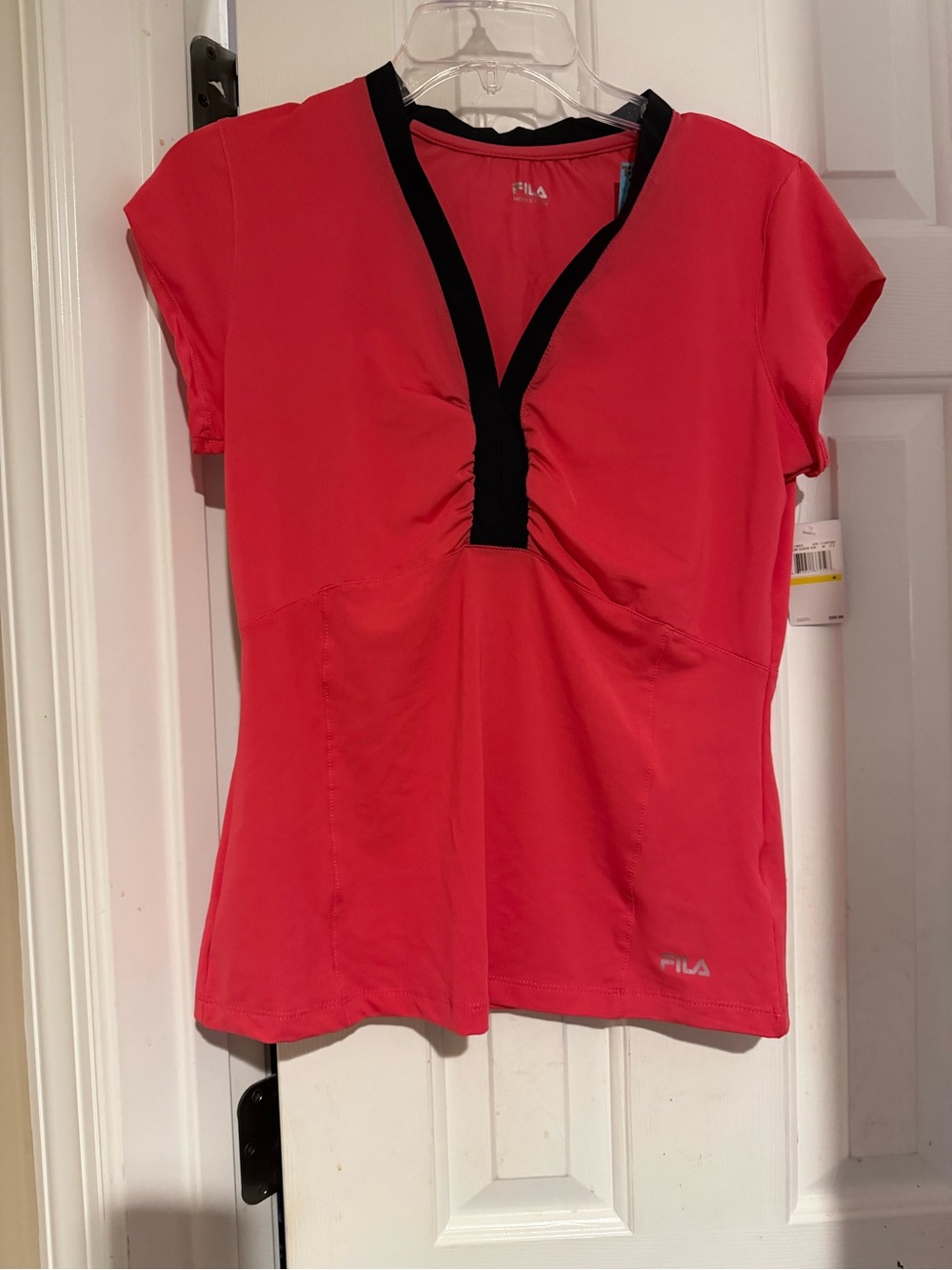 FILA Women's Coral Red Short Sleeve V-Neck Top with Black Trim